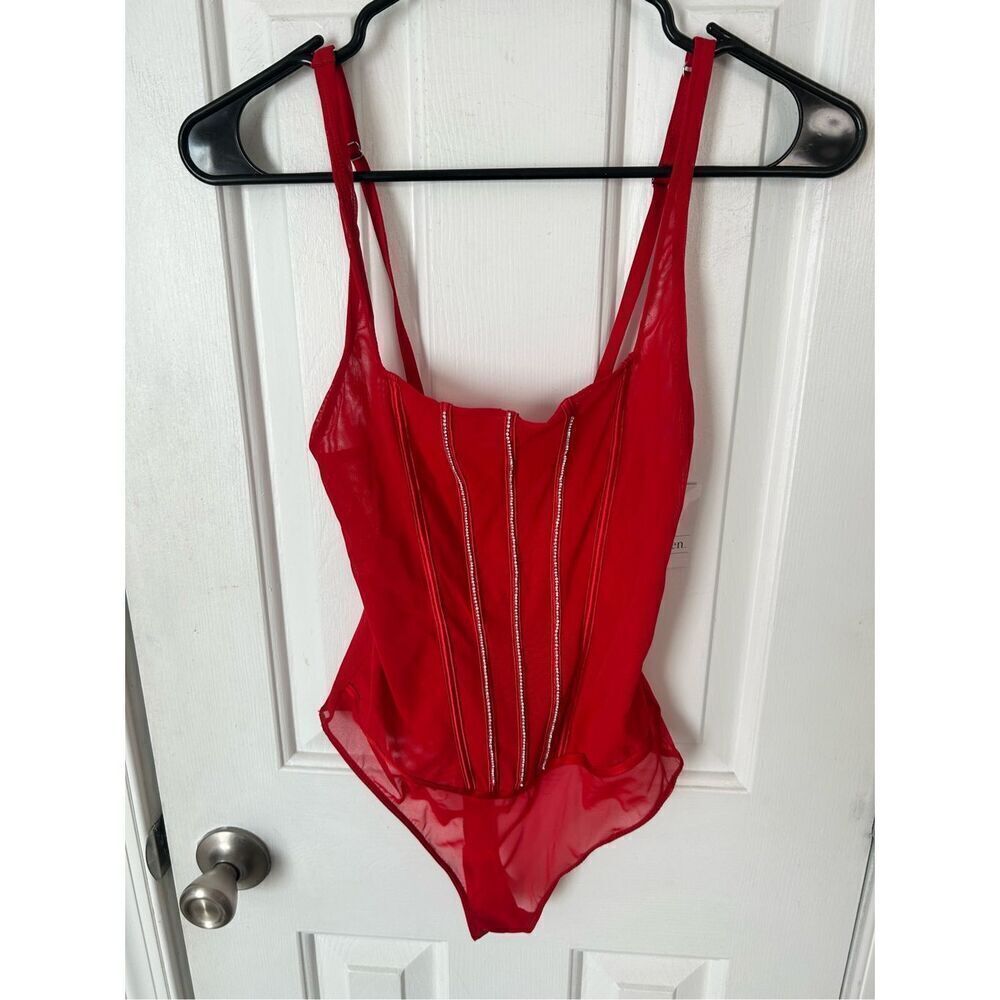 Auden Intimates Women's Mesh Bodysuit Thong Lingerie  Red Size XS